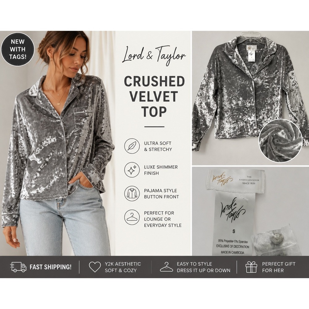 Lord & Taylor Womens Crushed Velvet Button Front Top Silver Grey Small NWT